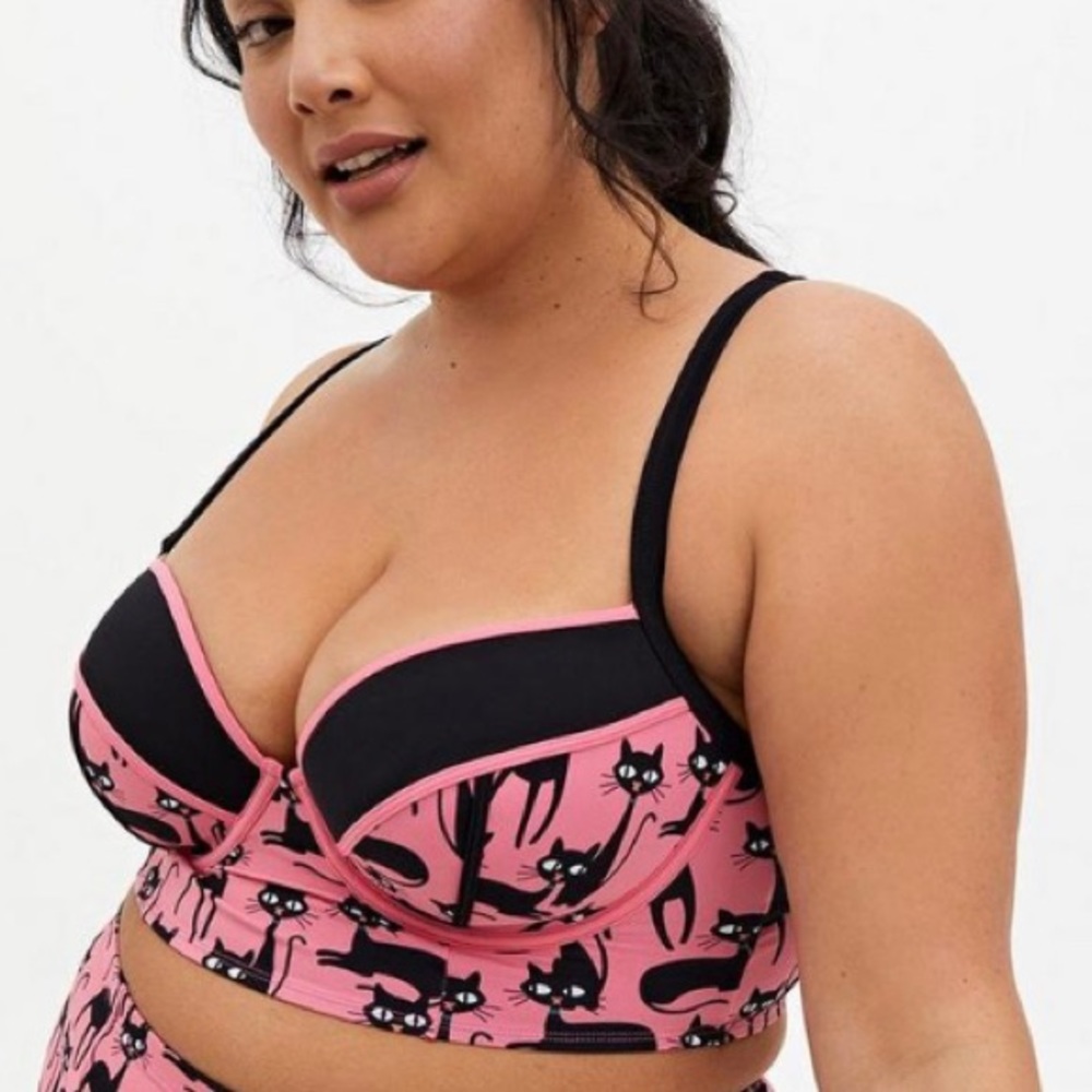 Pink and Black Cat Print Women's Swim Top